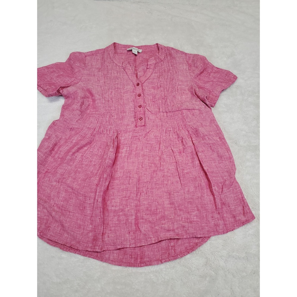 Coldwater Creek Red Linen 1/4 Button Top Blouse Small Classic Basic Casual